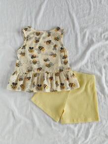 Vintaside Kids 女婴夏季可爱蜜蜂印花圆领荷叶边上衣和短裤休闲两件套 - 彩色 - 查看 2