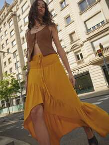 Nöista Flowy High-Low Yellow Skirt With Ruched Waist And Ruffle Trim. Lightweight And Breezy-Perfect For Summer Vibes, São João Festival, Or A 4th Of July. - Yellow - View 1