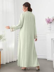 Al Najma 女式领口拼布彩色刺绣长袖连衣裙，春夏 - 薄荷綠 - 查看 2