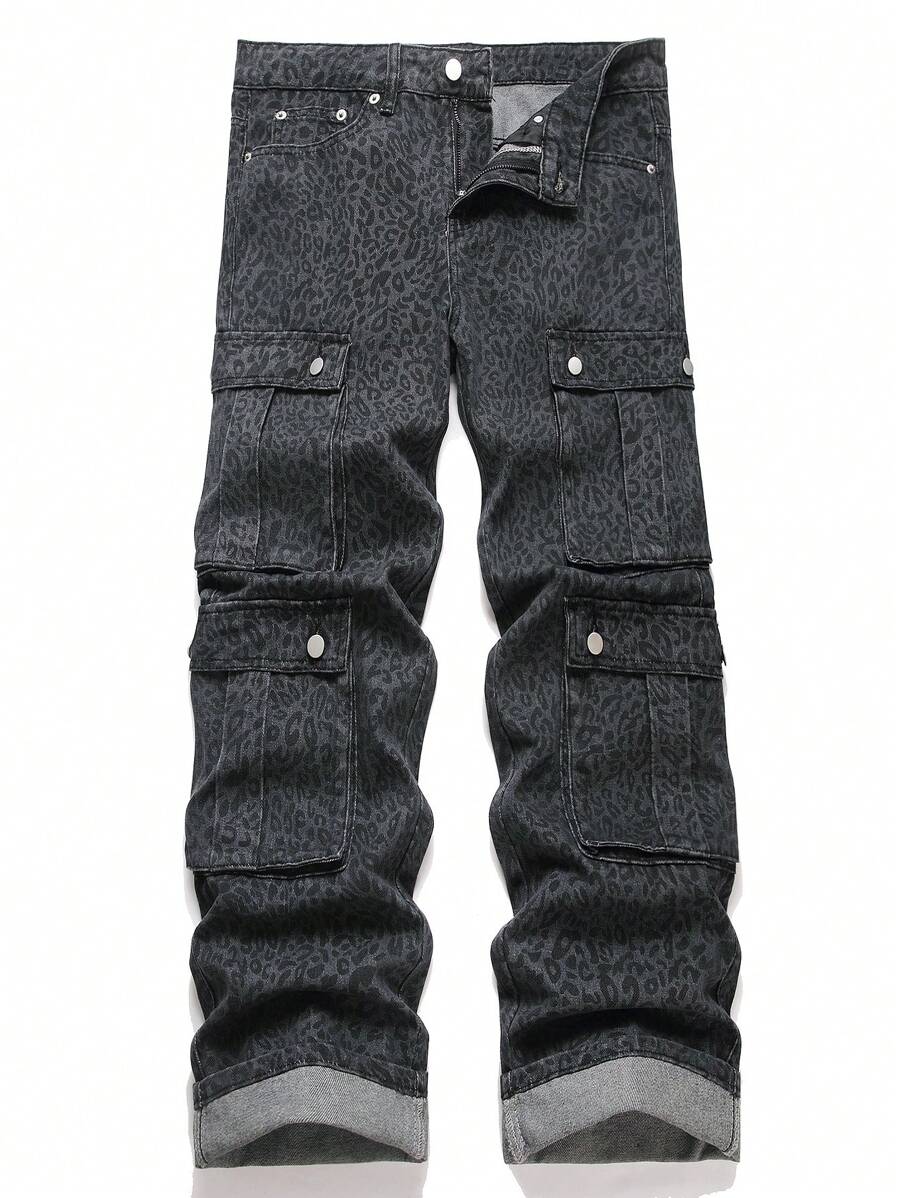 Chillumni Quần Jeans Denim Nam Họa Tiết Da Báo Có Túi Khóa Kéo Thường Ngày Đa Năng - Màu xám đen - Xem 1