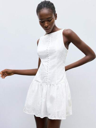 Maija Women Plain Color Button Decor Ruffle Hem Sleeveless Casual Mini Dress Summer Dresses For Women Vacation Outfits Woman Beach Outfits For Woman Birthday Dresses For Women White Dresses Classy Elegant Festival Outfits For Women Hawaii Outfits Women Gyaru Cute Dress Going Out Dress Modest Dresses For Women All White Boho Women Clothing Bohemian Clothes For Women Off The Shoulder Elegant Dresses For Women, Christmas Women's Clothing