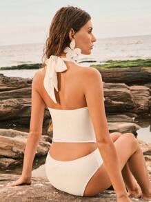 Elaire 2pcs/Set Women's Summer Beach Holiday Solid Color High End Knotted Cold Shoulder Tankini Swimsuit Set, Quality White - White - View 2