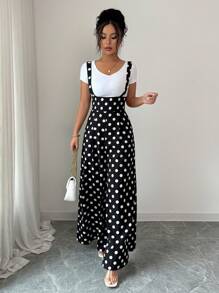 Elenzga Quần jumpsuit in chấm bi màu tương phản cho nữ - Đen và trắng - Xem 4