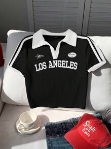Comfortcana Tricou retro american cu imprimeu color block și guler polo, ajustat - Alb-negru - Vizualizare 3