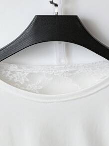 Flirla 大码女式休闲露背纯色针织蕾丝拼布短袖圆领 T 恤上衣 - 白色 - 查看 4