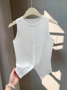 Celisse 3 Pcs/Set Women's Solid Color Elegant Round Neck Sleeveless Slit Fitted Button Tank Top