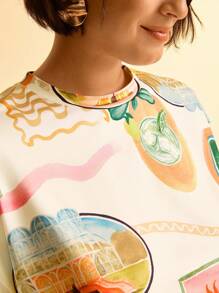 CAJUNI 大码女式圆领短袖波西米亚风热带印花 T 恤，休闲短款夏季 T 恤 - 彩色 - 查看 4