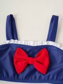 Joliand Joliand 2pcs/Set Young Girl Urban Elegant Red Halter Top With Navy Bow Decor And Sailor Anchor & Lighthouse Printed Swimsuit, Suitable For Pool, Beach, Summer