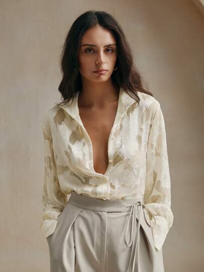 Anewsta 女士优雅提花高领衬衫，女士休闲贴花，纽扣，透明长袖领常规版型常规杏色常规袖衬衫女式衬衫，春季/秋季，休闲日常穿着