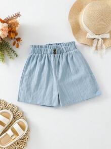 Short décontracté en papier, à taille plissée, avec détail de bouton pour jeune fille