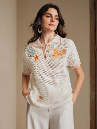 Anewsta Top Polo com Bordado de Estrela do Mar e Concha Feita em Tricô, Adequada para Verão, Elegante, Férias, Feriado, Praia, Festival