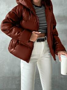 EURMUSE Women's Solid Color Long Sleeve Zipper Collar Casual Hoodie Jacket, Winter - Rust Brown - View 4