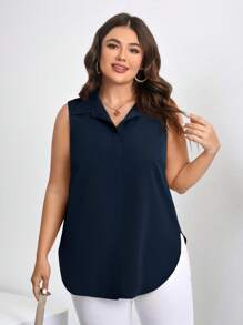 Chikora Plus Size Front Button Summer Casual Sleeveless Shirt - Navy Blue - View 6
