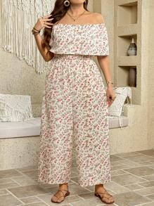 SHEIN LUNE 大码露肩碎花休闲宽松女式连体裤，夏季 - 白色 - 查看 4