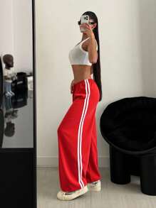 SHEIN Unity Casual Drawstring Striped Waist Straight-Legged Shorts For New Year Clothes Fall Cloth For Women - Red - View 3