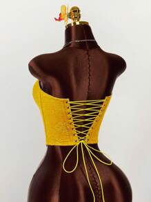 Amplova Áo Bandeau họa tiết hoa Jacquard viền bất đối xứng dành cho nữ, thời trang - Màu vàng - Xem 2