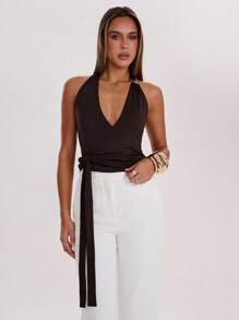 SHEIN BAE 这款女士棕色金属纽扣装饰性感上衣适合日常外出、通勤休闲、下午茶聚会、夏季穿着、乡村音乐会服装和度假穿着。 - 棕色 - 查看 3