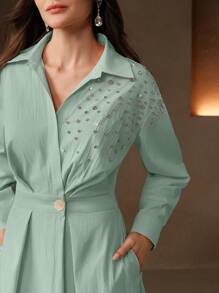 Anewsta Elaire Spring, Festival, Holiday, Vacation Elegant Loose Fitting Vintage Studded Waist Drop Shoulder Shirt Dress For Women