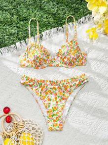 Swim Mod Women Knitted White Floral Print Swimsuits,Wire Rimmed Supportive Top With Flutter Trim,High Cut Bikini Set For Summer,Boho,Pool Party,Holiday Beach - Multicolor - View 1