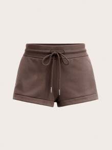 SHEIN BASICS 女士舒适低腰开叉运动短裤，春夏季休闲家居七分裤 - 棕色 - 查看 6