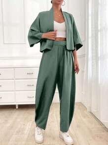 SHEIN Cottnline مجموعتين قطعتين مريحة للنساء ، صيفي ، كاجوال - أخضر نعناع - مشاهدة 5