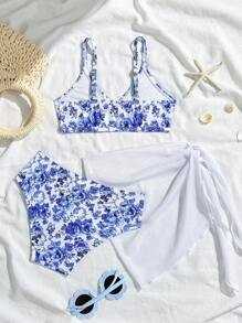 SHEIN Set di 3 pezzi di costume da bagno tankini a fiori minuti per giovani ragazze, con parte superiore, slip bikini e pareo, outfit casual da spiaggia