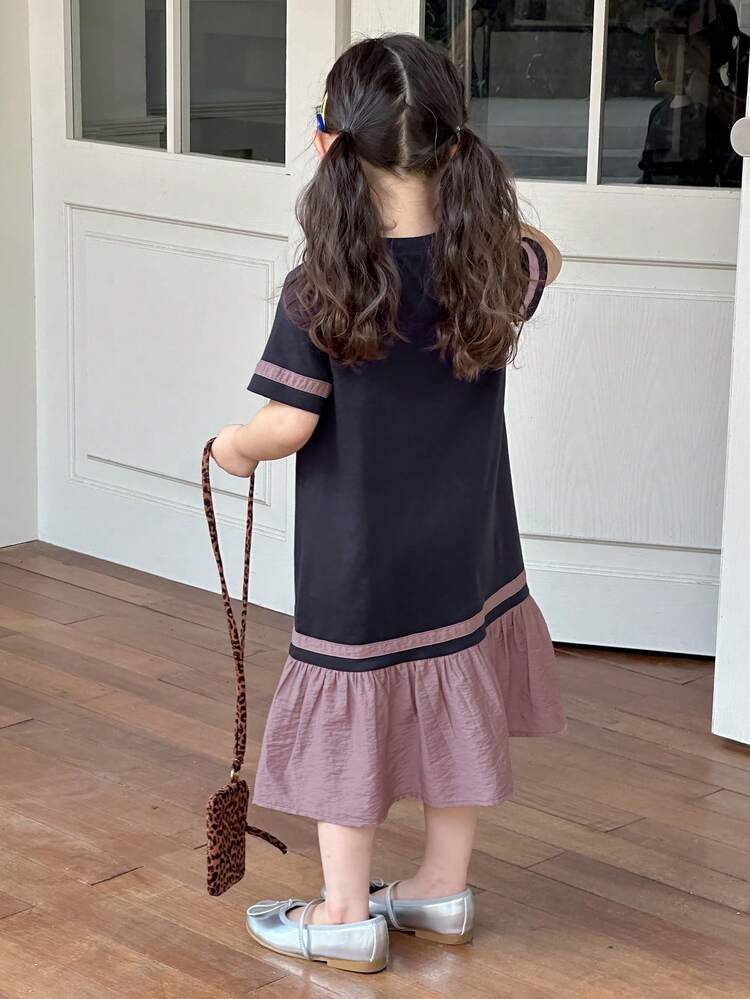 Young Girl Summer Casual Colorblock Ruffle Hem Loose Dress