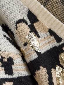 CosyJoli Plus Size Women Leopard Print Sequin Design Single Breasted Long Sleeve Cardigan In Fall/Winter