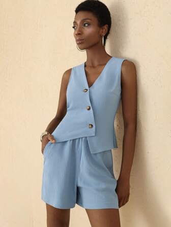 Vesra 2pcs/Set Summer Vacation Casual Loose Asymmetric Design Sleeveless Top And Shorts Set Women Two Pieces Shorts Set