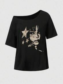 SHEIN Women Retro Star Figure Graphic T-Shirt, Off Shoulder Short Sleeve Aesthetic Top, Suitable For Spring/Summer - Black - View 3