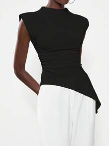 Lumivelle Women's Simple Asymmetrical Hem Top With Zipper Sleeve Cuff, Minimalist T-Shirt, Suitable For Daily Wear