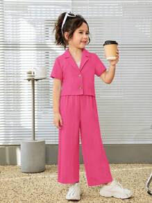 SHEIN Conjunto de camisa casual de cor sólida com gola de lapela e estilo de rua para meninas