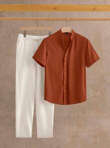 HIMLAND 2 st/set herrset med slim fit, reverskråskrage och kortärmad skjorta och byxor i linneblandning, gamla pengar, mysiga outfits - Brun - Visa 5