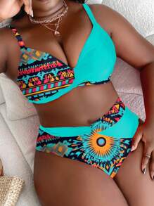 Slaydiva 大码女式随机印花两件套比基尼套装，时尚度假日常性感简约休闲高腰可调节肩带分体比基尼套装 - 彩色 - 查看 5