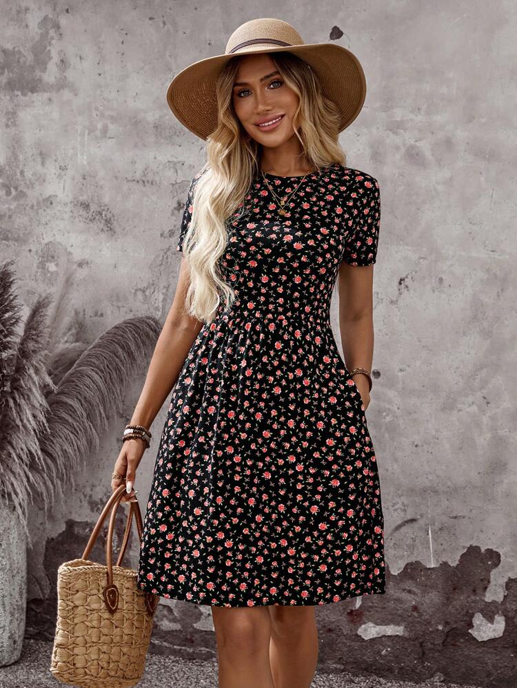 Ladies' Summer Round Neck Floral Print A-Line Short Elegant Dress Summer Dresses For Women Vacation Outfits Woman Country Concert Outfit Casual Dresses For Woman