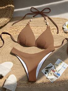 Swim Basics Conjunto de bikini en color liso y con textura para vacaciones en la playa