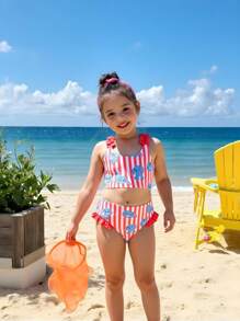 SHEIN Young Girl Cartoon & Striped Frill Trim Tankini Bikini Set Set - Multicolor - View 3