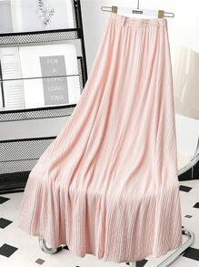 SHEIN Clasi 大码女式纯色松紧腰休闲长款百褶裙 - 粉色 - 查看 2
