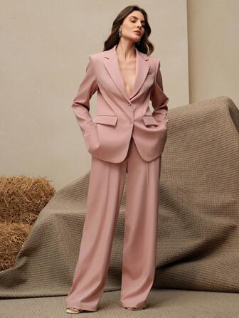 Anewsta 2pcs Women's Mellard Color Business Suit Set: Blazer Jacket + Straight Leg Pants