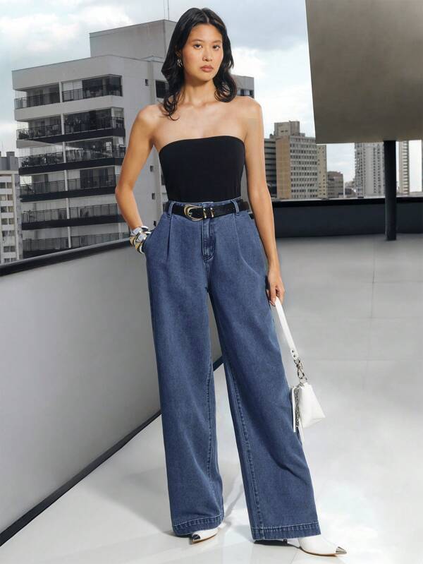 Daynim Denim Leve Casual Feminino de Perna Larga para Uso Diário
