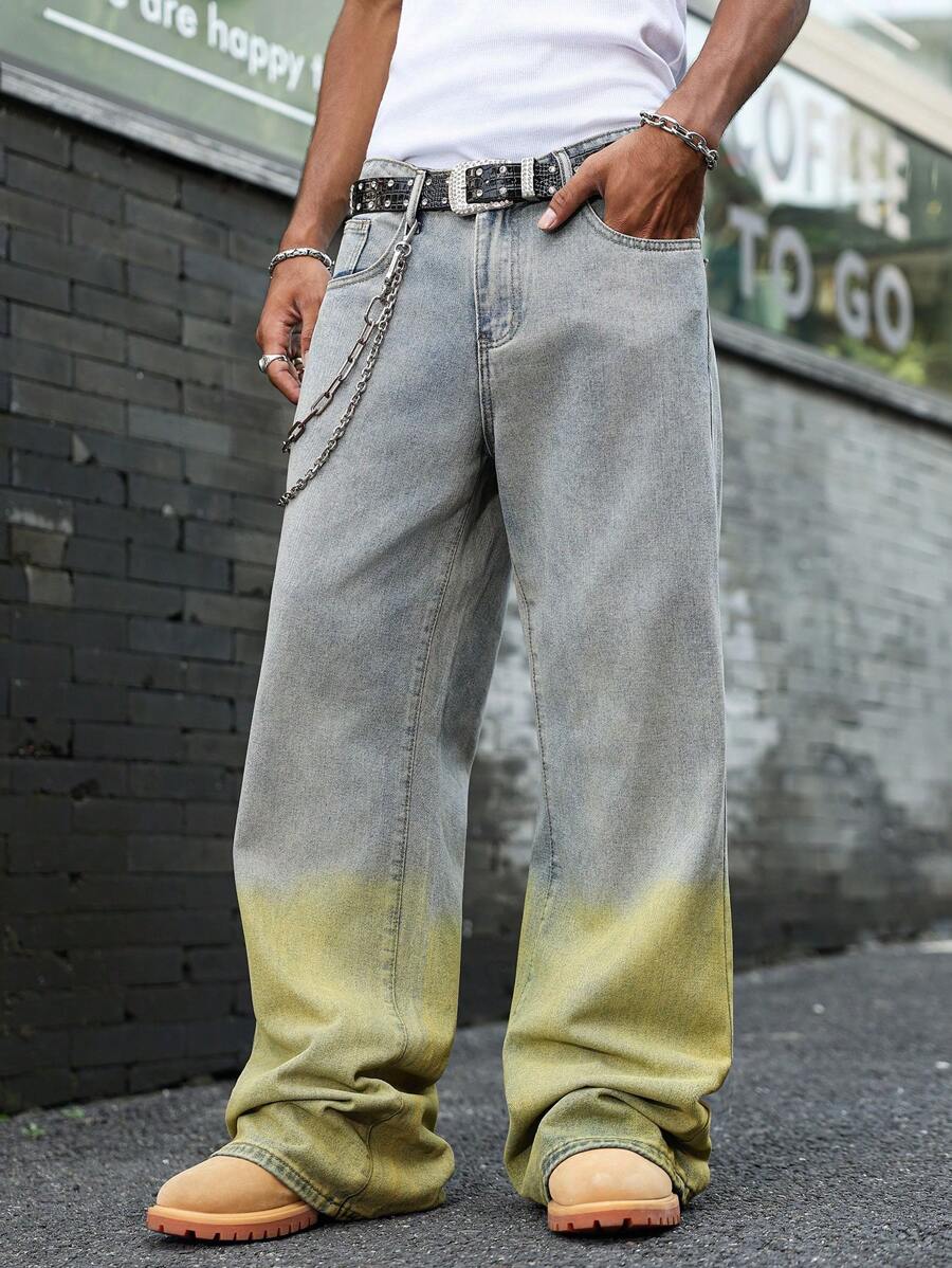Manfinity EMRG Men's Pocketed Color-Block Wide-Leg Loose Jeans - Light Wash - View 1