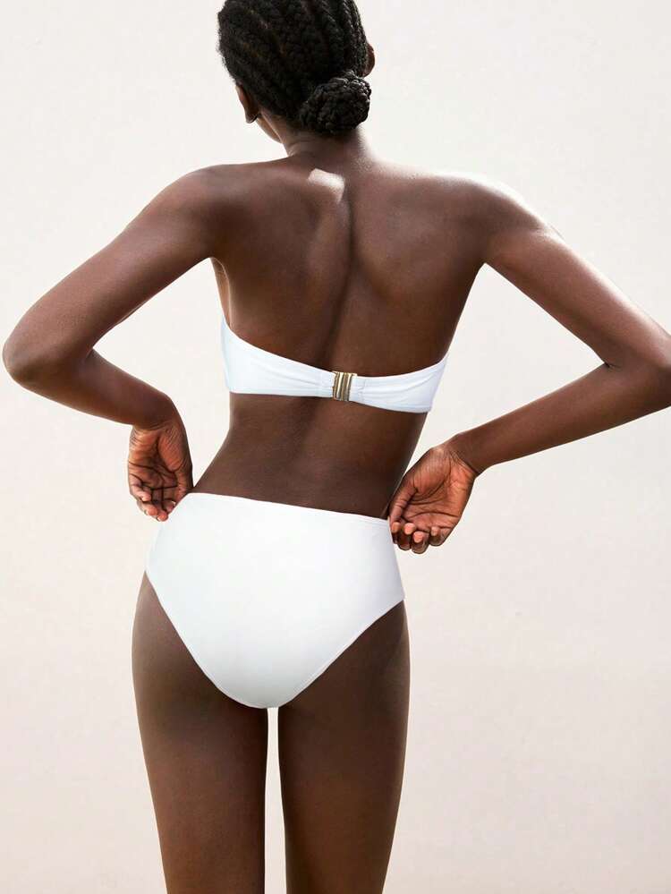 SHEIN Maija Women's Summer Beach Vacation Metal Decor Ruched Bandeau Bikini Swimsuit