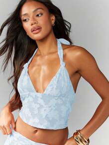 MISSGUIDED Floral Embossed Halter Neck Textured Cami Top Summer Festival Evening Party Ladies Camisole Backless Crop Top - Blue - View 4