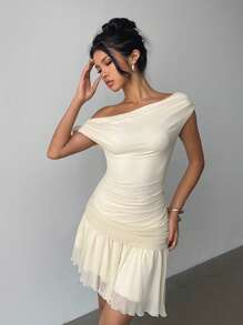 Siren Gaze 夏季新款蝴蝶兰不对称领口网眼性感迷你连衣裙优雅连衣裙太阳裙女士荷叶边下摆连衣裙生日女士短裙夏季