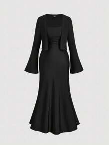 SHEIN MOD 女式加大码黑色两件套开衫和中长连衣裙套装 - 黑色 - 查看 8