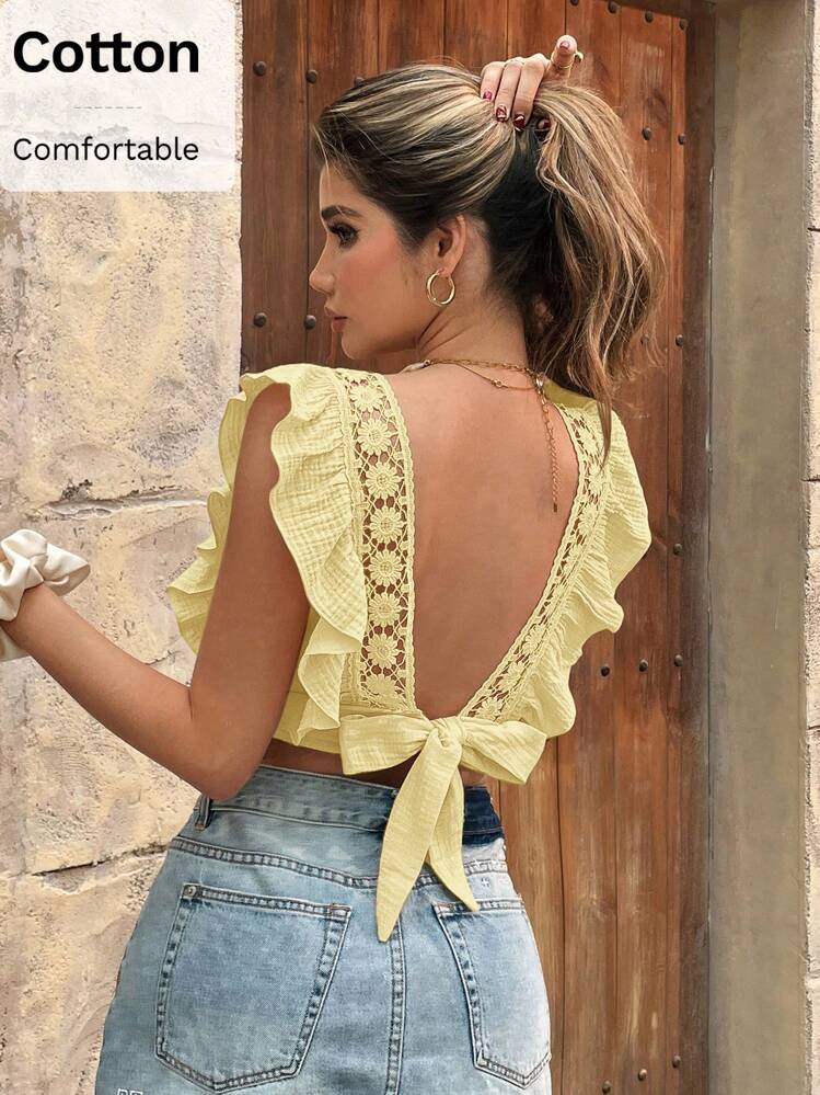 SHEIN Frenchy Blusa de mujer con manga de volantes, parche de encaje y lazo de unicolor - Amarillo - Añade 1