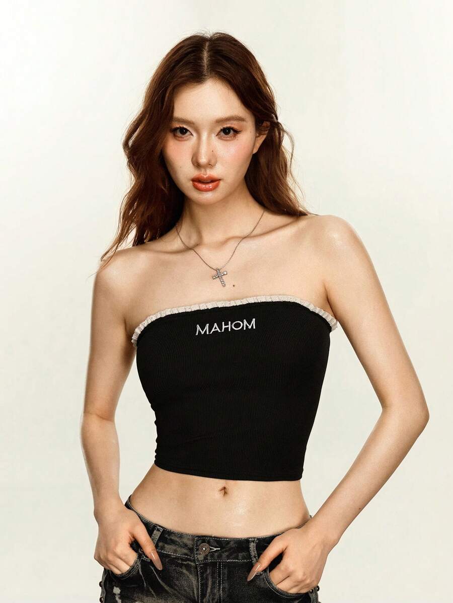INAWLY 女士字母刺绣荷叶边抹胸黑色露脐上衣 - 黑色 - 查看 1