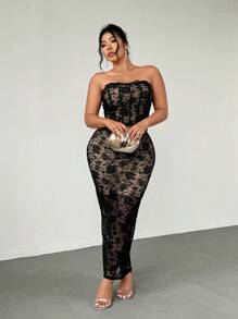 Firerie Plus Size Casual Elegant Vacation Beach Romantic Elastic Lace Patchwork Contrast Color Lining Tube Top And Skirt Set, Spring/Summer