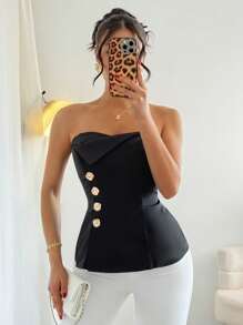 Chiquease Áo crop top hở vai quyến rũ cổ điển thanh lịch & tinh tế dành cho nữ - màu đen - Xem 1