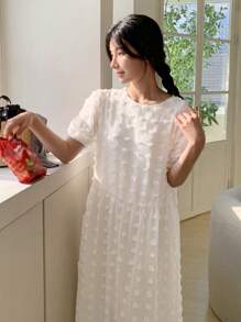 DAZY 女士纹理短袖透视中长连衣裙，舒适 - 白色 - 查看 7